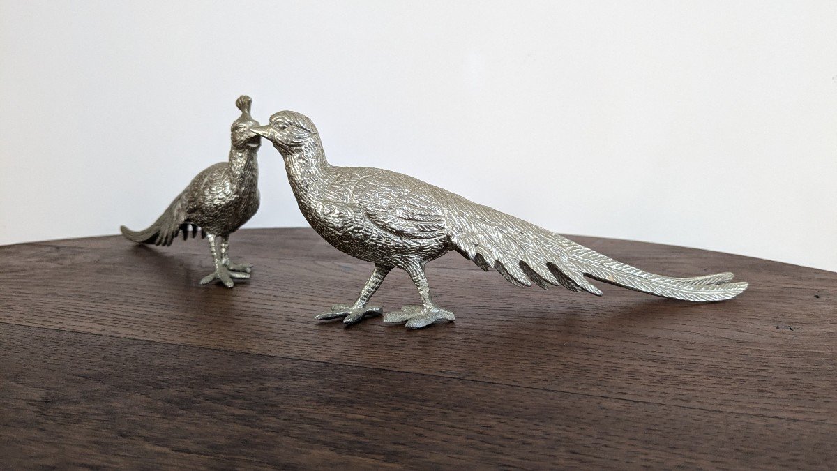 Pair Of Vintage Silver Metal Peacocks-photo-2