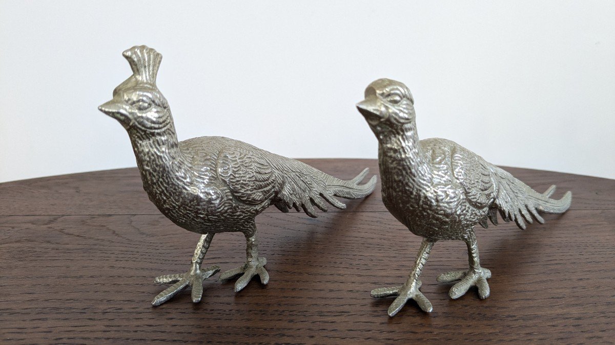 Pair Of Vintage Silver Metal Peacocks-photo-4