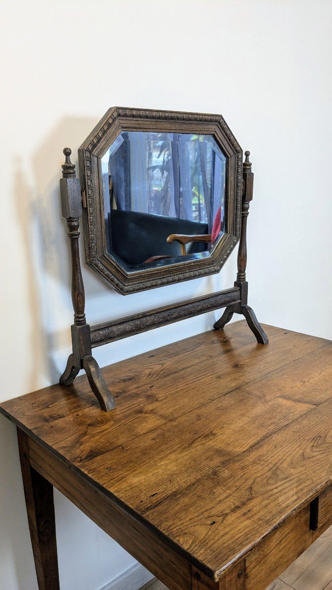 Miroir De Courtoisie Octogonal Biseauté Ancien En Bois Sculpté-photo-4