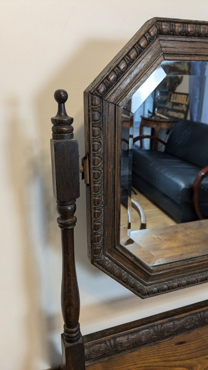 Miroir De Courtoisie Octogonal Biseauté Ancien En Bois Sculpté-photo-1