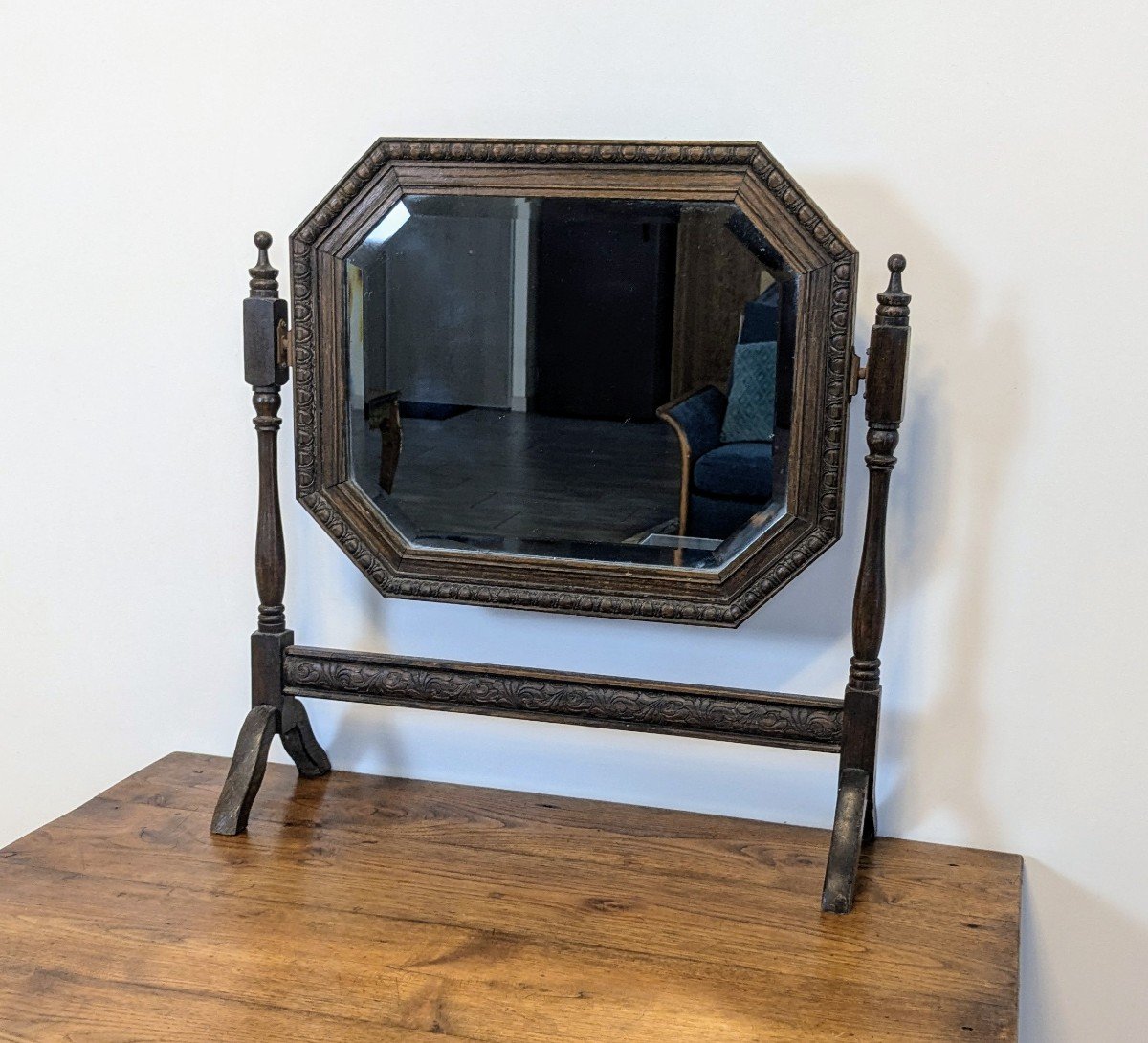 Miroir De Courtoisie Octogonal Biseauté Ancien En Bois Sculpté