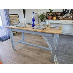 Table De Ferme Bleu Ciel Et Bois Clair Début XXème 138 Cm