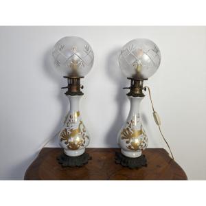 Pair Of Electrified Oil Lamps In Ceramic And Bronze