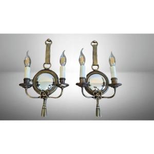 Pair Of Atelier Petitot Sconces In Gilt Bronze And Witch's Mirror