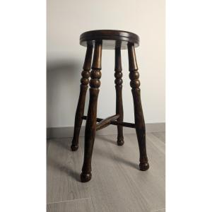 Ancien Tabouret Anglais En Bois Massif