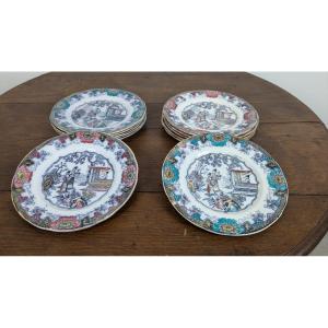 Service Of 12 Dessert Plates "canton" Model By Boch Frères 19th