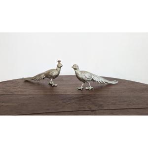 Pair Of Vintage Silver Metal Peacocks