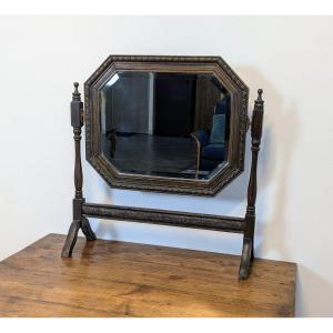 Miroir De Courtoisie Octogonal Biseauté Ancien En Bois Sculpté