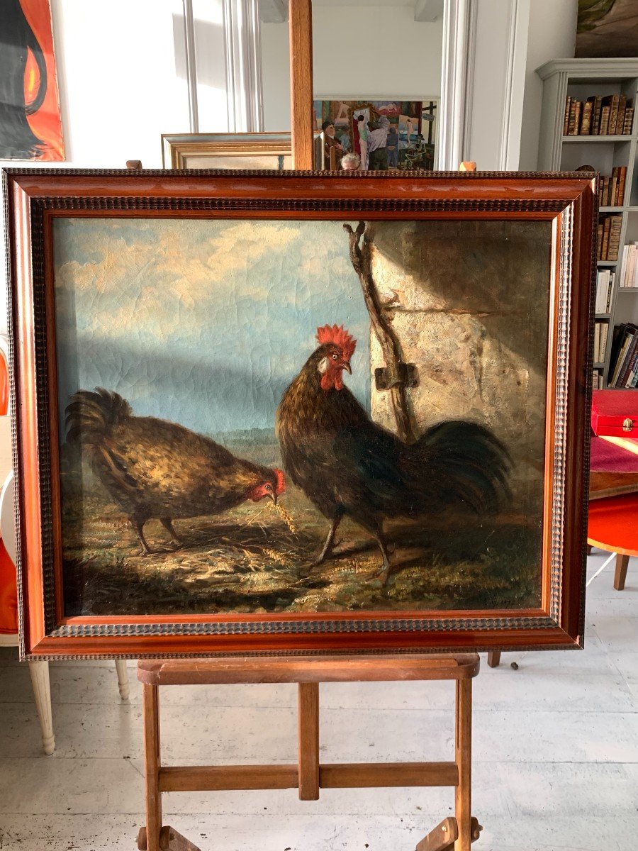 Tableau Coq et Poule 19ème Huile sur toile 80x65cm