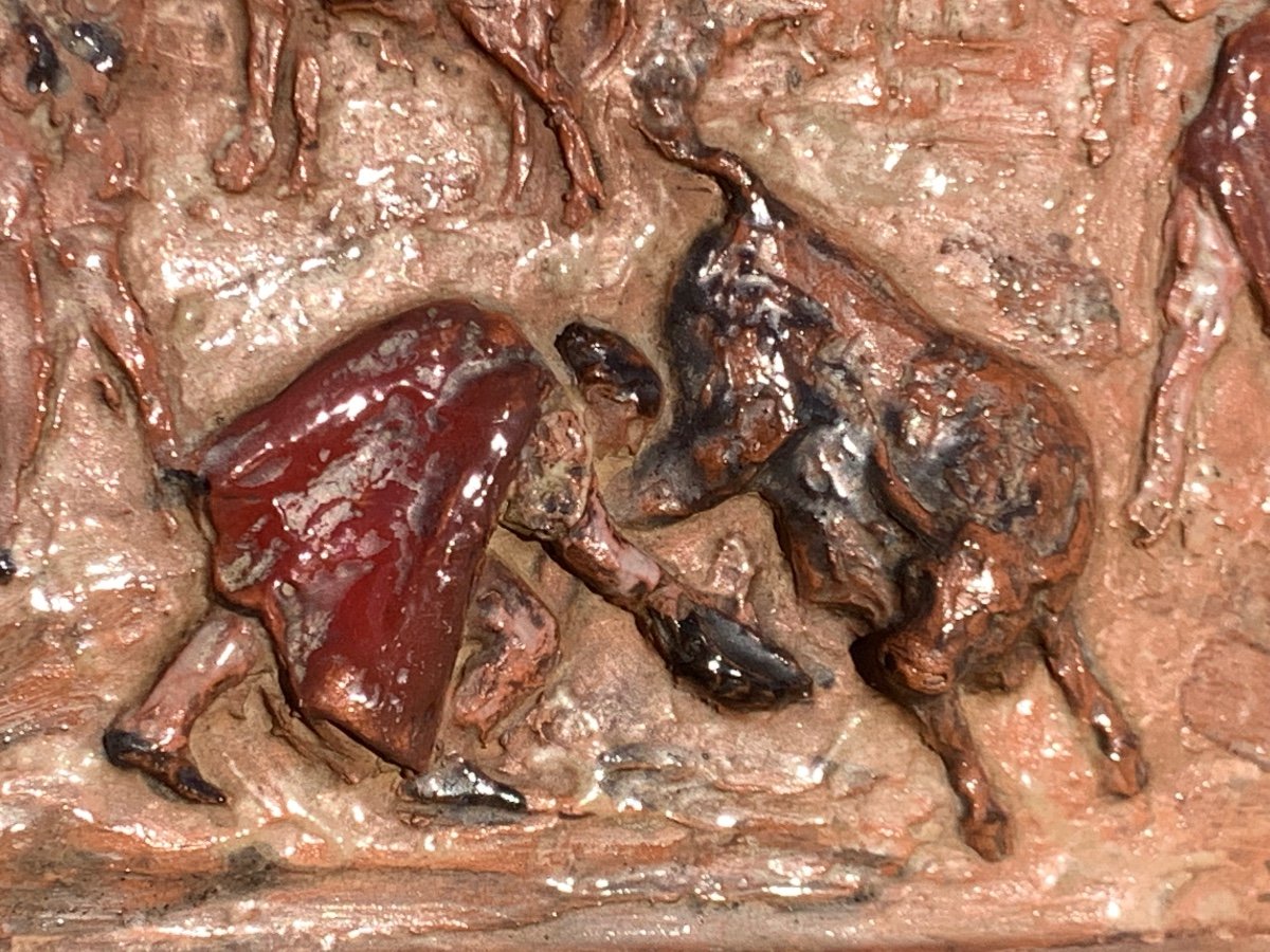 Enameled Terracotta Plaque Depicting A Bullfight Scene.-photo-4