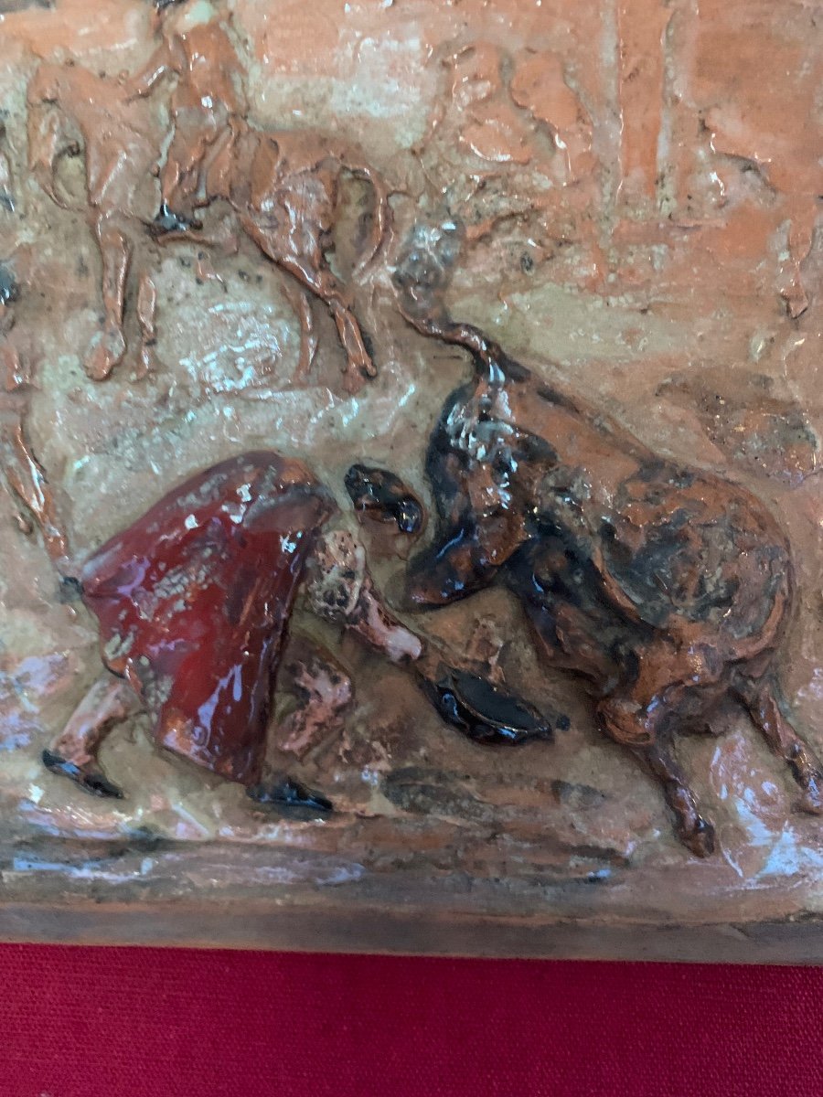 Enameled Terracotta Plaque Depicting A Bullfight Scene.-photo-3