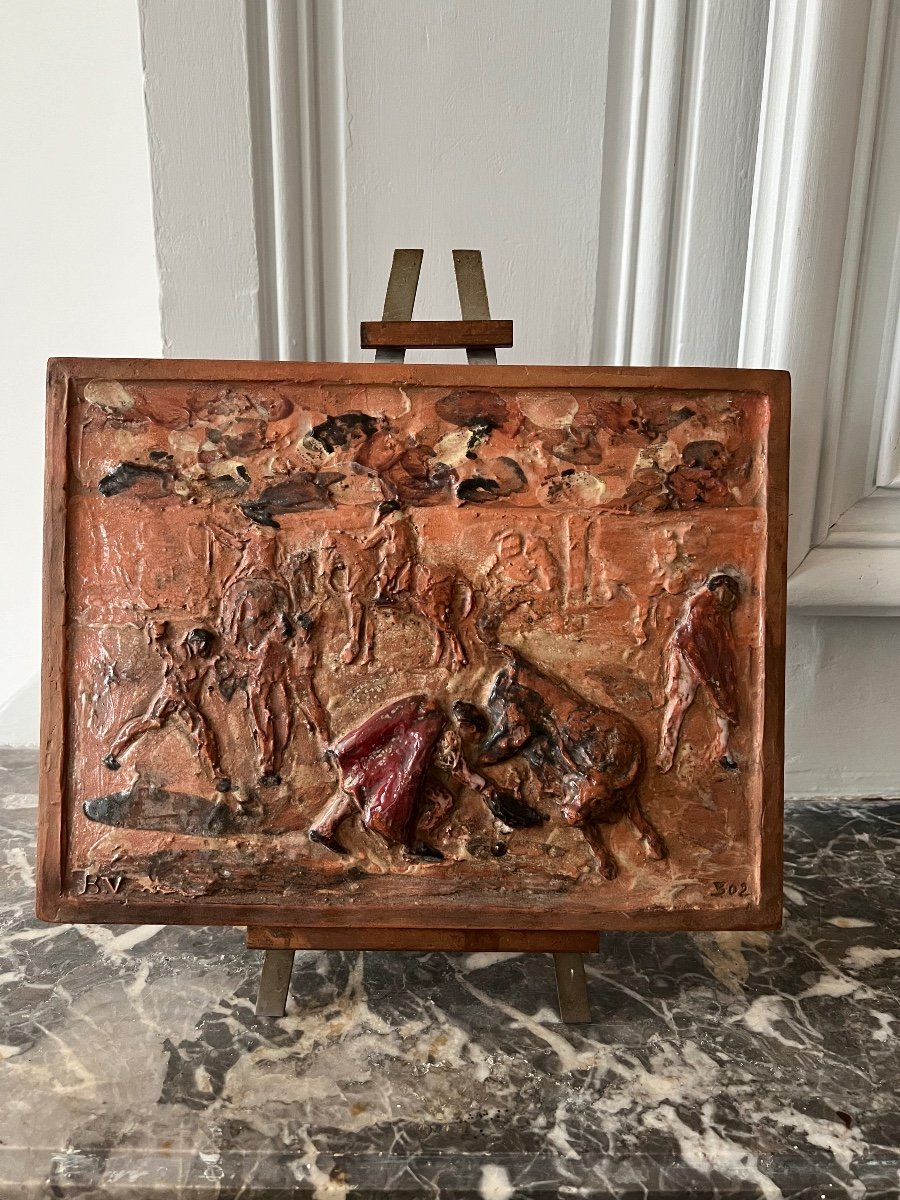 Enameled Terracotta Plaque Depicting A Bullfight Scene.