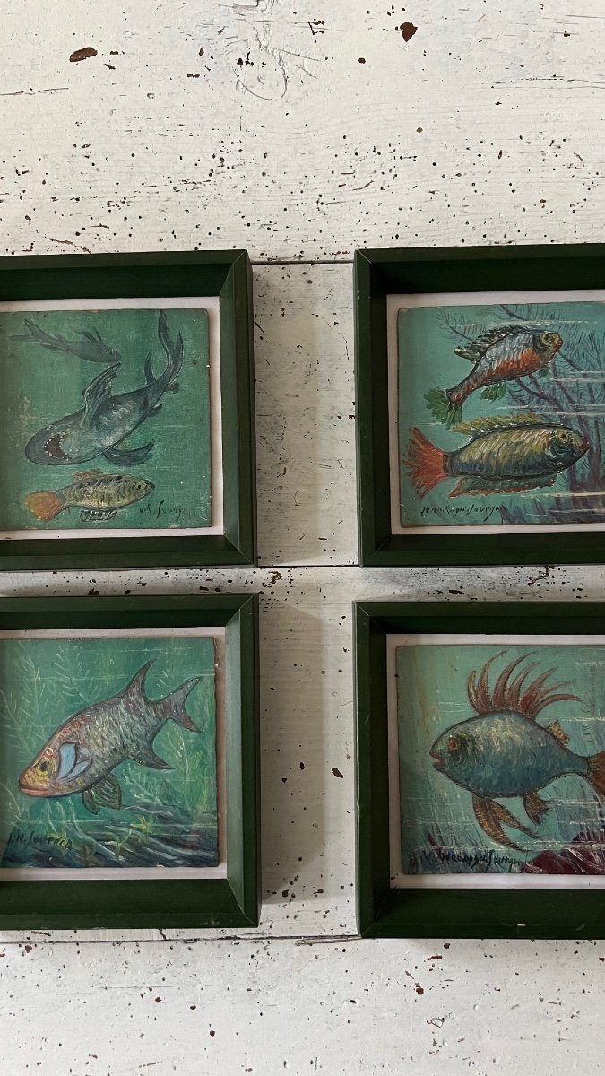 Jean René Sourgen. Series Of 4 Fish. Oil On Wood.-photo-2