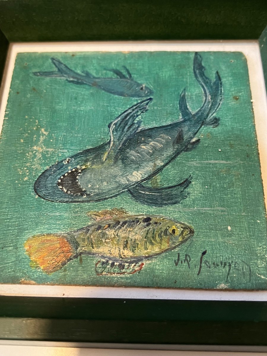 Jean René Sourgen. Series Of 4 Fish. Oil On Wood.-photo-3