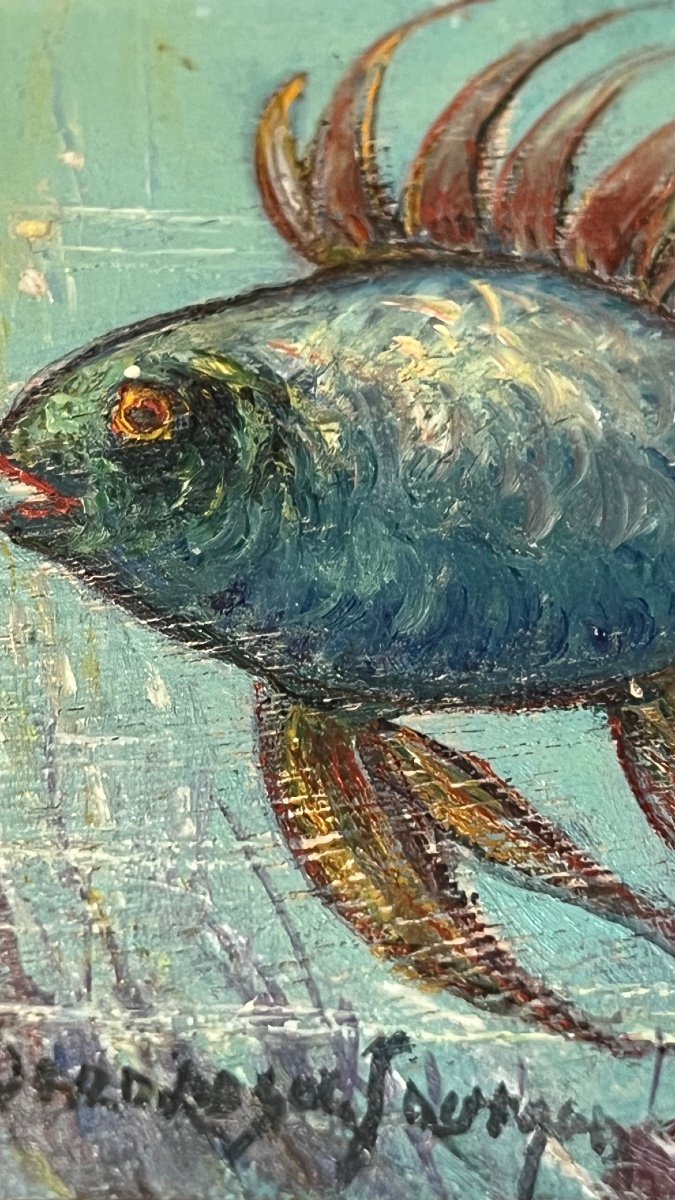 Jean René Sourgen. Series Of 4 Fish. Oil On Wood.-photo-1