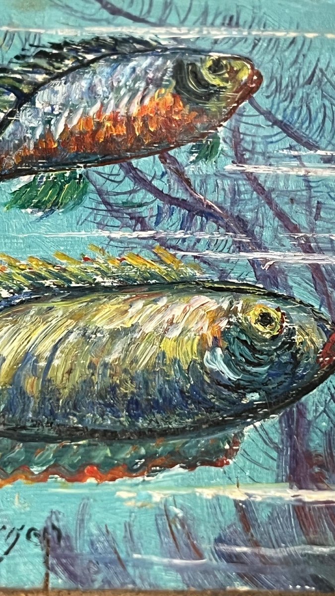 Jean René Sourgen. Series Of 4 Fish. Oil On Wood.-photo-2