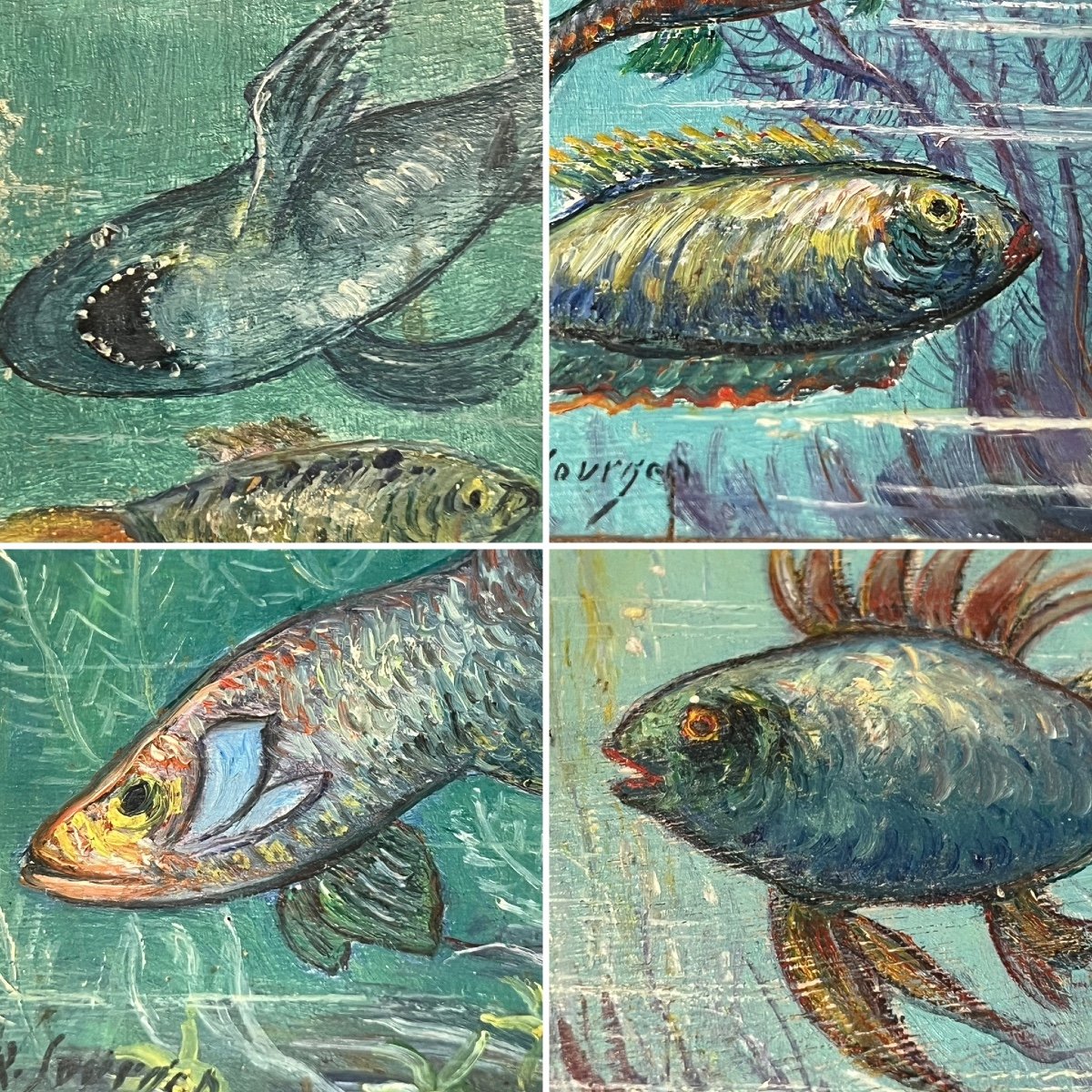 Jean René Sourgen. Series Of 4 Fish. Oil On Wood.