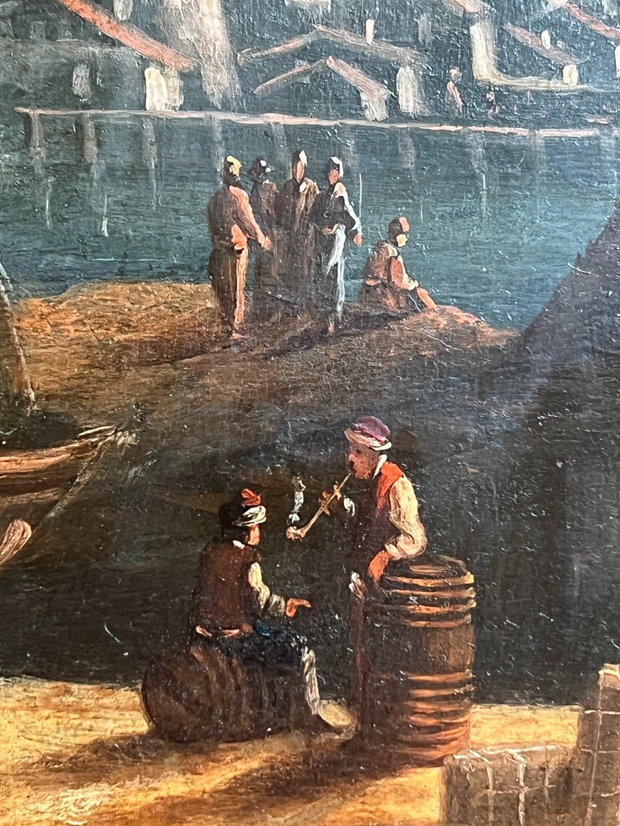 The Port. Oil On Panel. 19th Century -photo-2