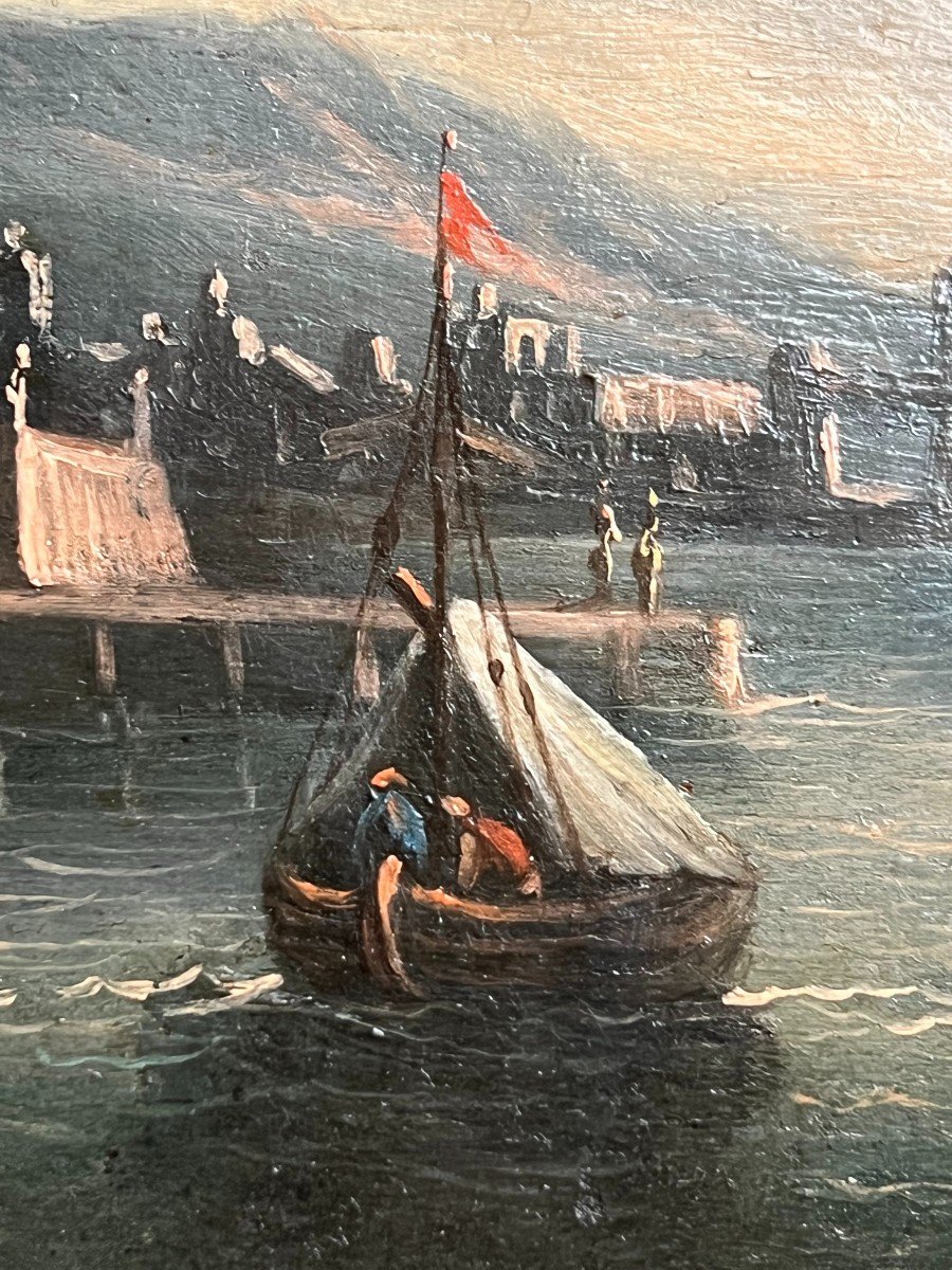 The Port. Oil On Panel. 19th Century -photo-3