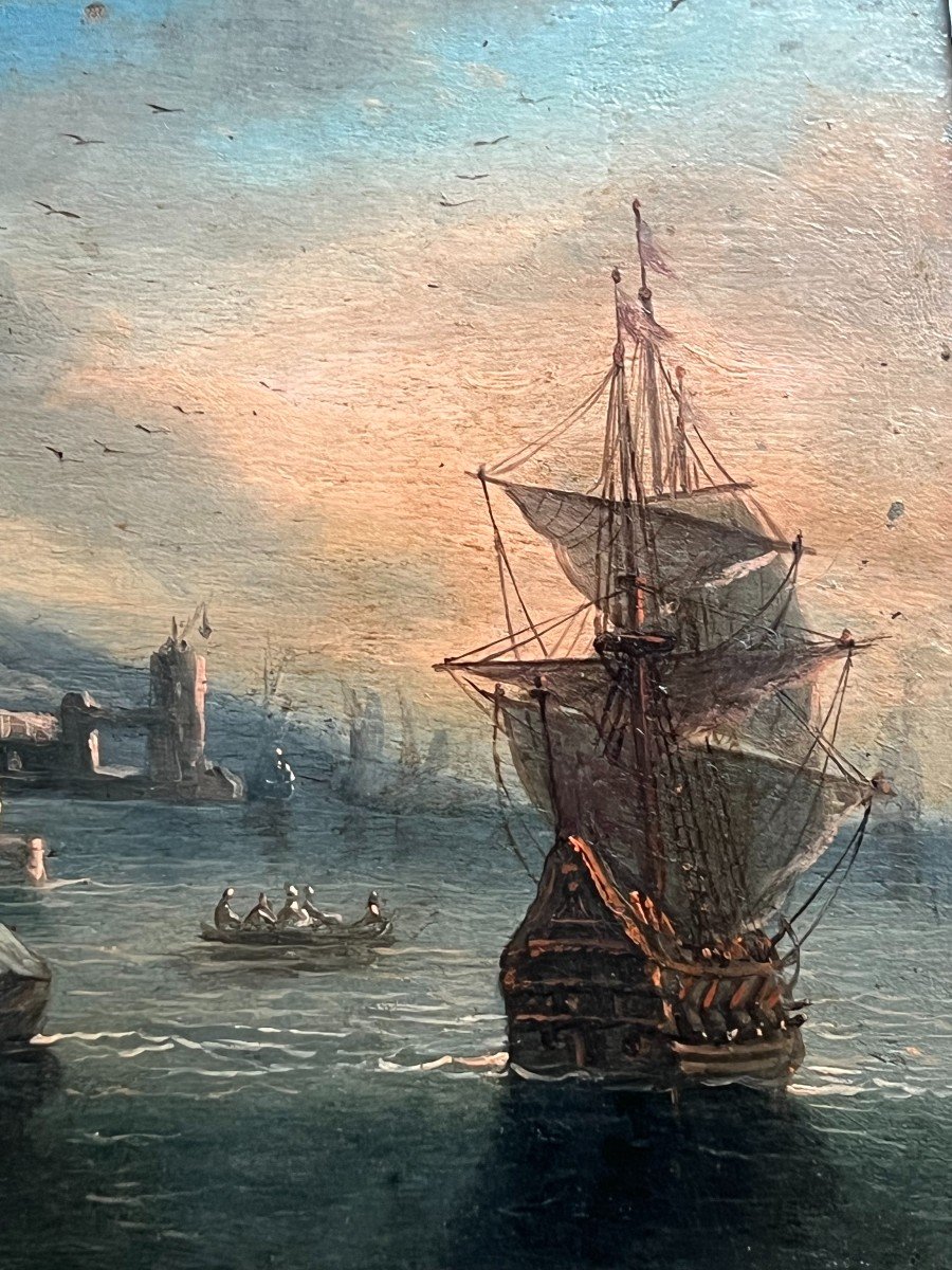 The Port. Oil On Panel. 19th Century -photo-4