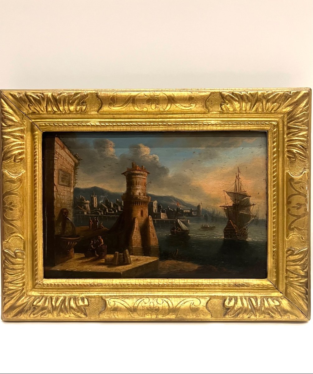 The Port. Oil On Panel. 19th Century 