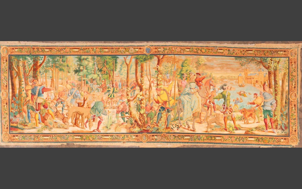 Very Important Painted Canvas, Hunting Scene 636 Cm X 207 Cm Dated 1904-photo-4