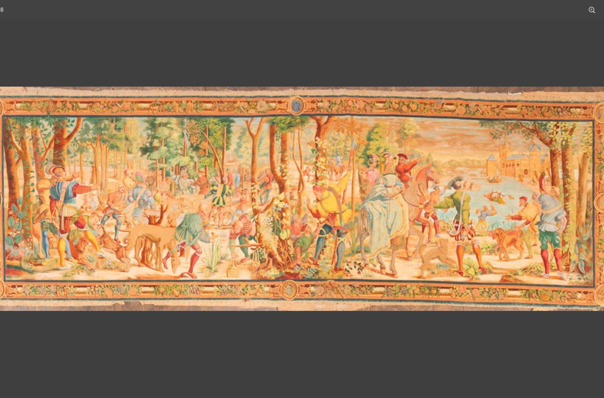 Very Important Painted Canvas, Hunting Scene 636 Cm X 207 Cm Dated 1904