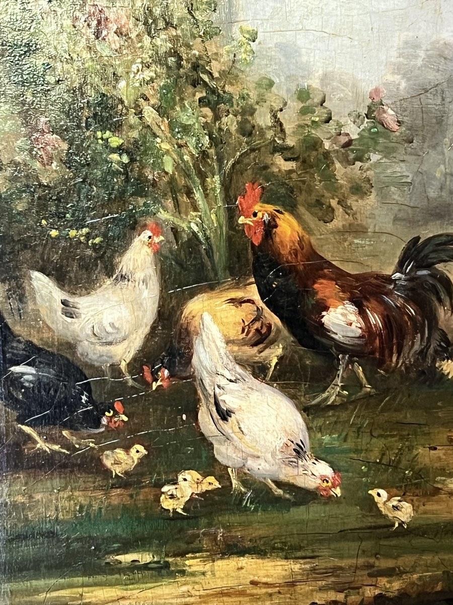  Guilleminet. Coq Et Poules . Huile Sur Panneau Signée 41 X 22 Cm -photo-2