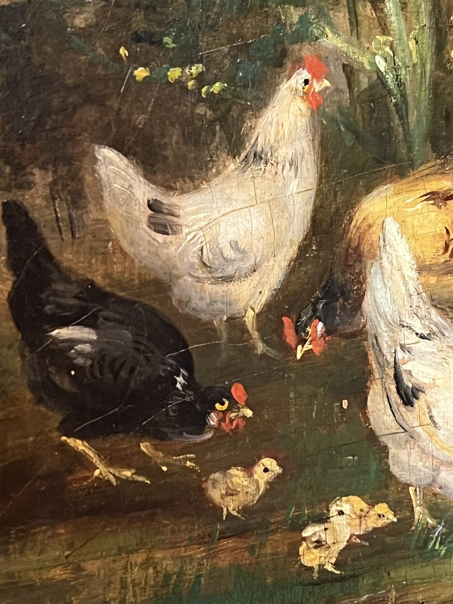  Guilleminet. Coq Et Poules . Huile Sur Panneau Signée 41 X 22 Cm -photo-4