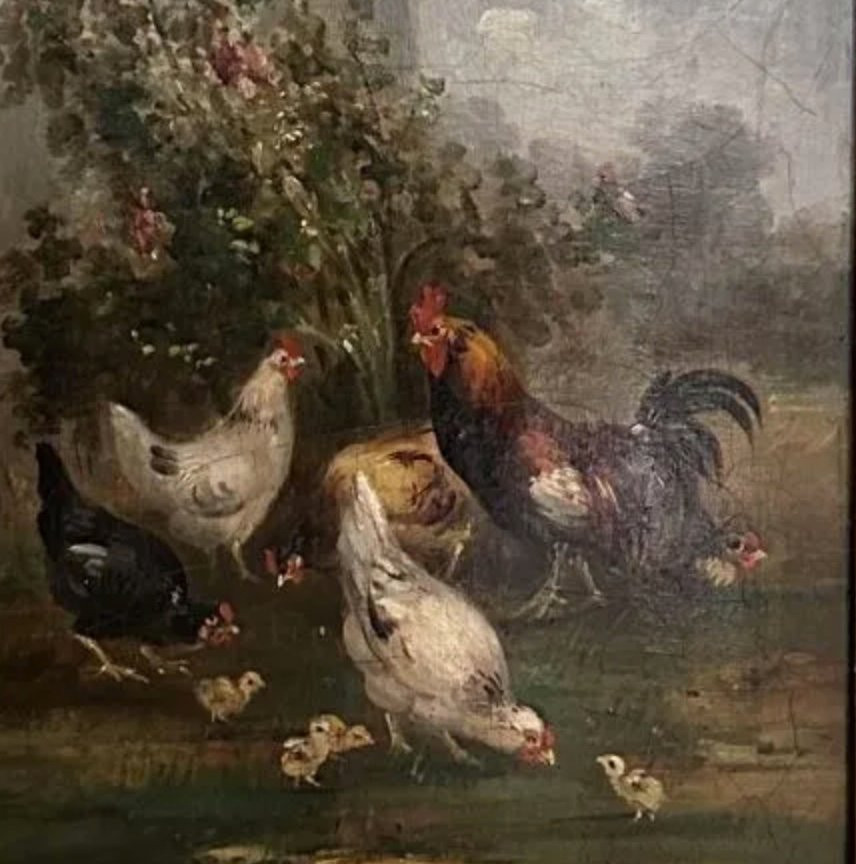  Guilleminet. Coq Et Poules . Huile Sur Panneau Signée 41 X 22 Cm -photo-1