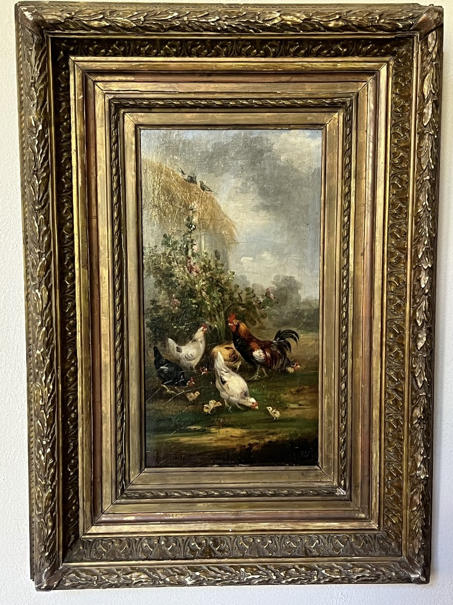 Claude  Guilleminet. Rooster And Hens. Oil On Panel Signed 41 X 22 Cm 