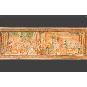 Très Importante Toile Peinte, Scène De Chasse 636 Cm X 207 Cm Datée 1904