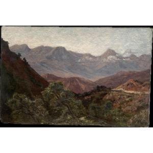 Vue De Montagne. Alexandre Ségé (1818-1885) Peinture Huile/carton 26 X 40 Cm