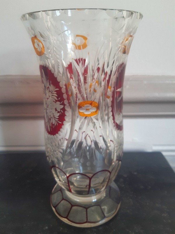 Bohemian Crystal Vase On Piedouche Cut And Engraved In The Style Of Moser-photo-3