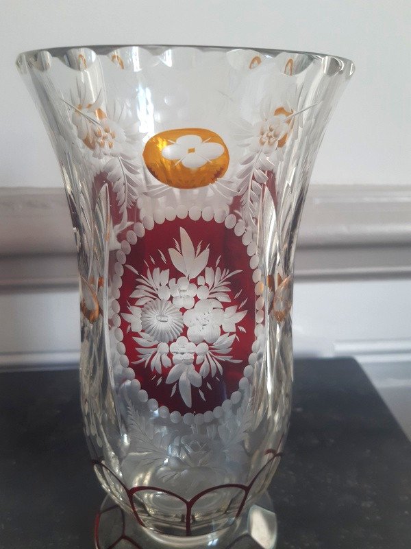 Bohemian Crystal Vase On Piedouche Cut And Engraved In The Style Of Moser-photo-2