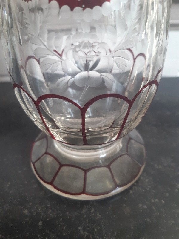 Bohemian Crystal Vase On Piedouche Cut And Engraved In The Style Of Moser-photo-4