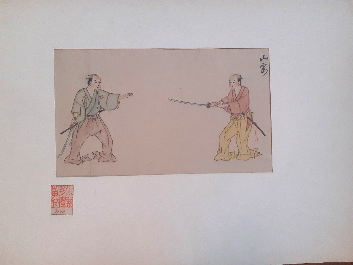 Aquarelle Et Encre Japonaise Représentant Des Acteurs De Kabuki Au Sabre-photo-2