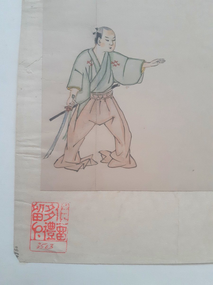 Aquarelle Et Encre Japonaise Représentant Des Acteurs De Kabuki Au Sabre-photo-2