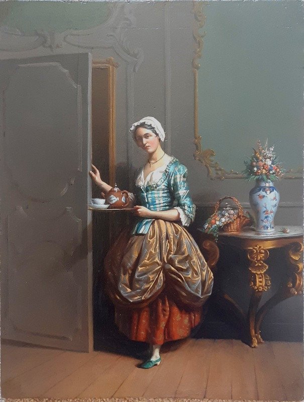 Lovely Interior Scene Young Woman Serving Tea Late Eighteenth Century Period-photo-2