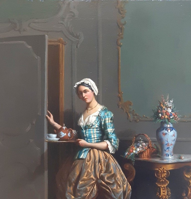 Lovely Interior Scene Young Woman Serving Tea Late Eighteenth Century Period-photo-3