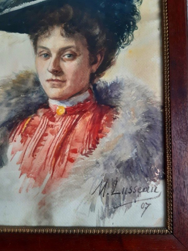 Madeleine Duteillet Born Lusseau Young Elegant Woman In Hat Watercolor 1900 Art Nouveau Belle époque-photo-2