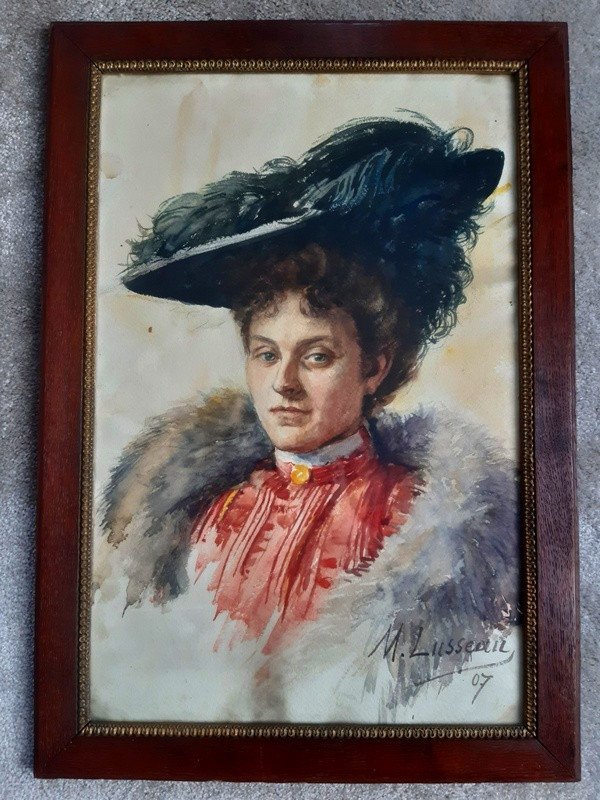 Madeleine Duteillet Née Lusseau Jeune Femme élégante Au Chapeau Aquarelle 1900 Art Nouveau Belle époque