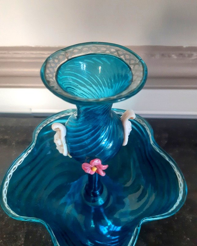 Magnifique Et Rare Coupe Baguier Vide Poche Formant Vase soliflore porte bouquet Au Centre En Verre Bleu De Murano-photo-3