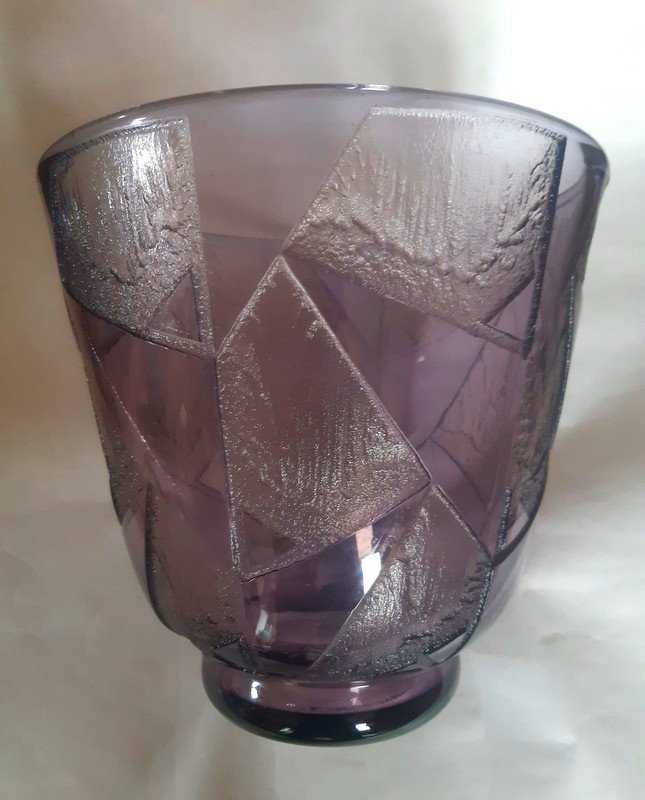 Important Vase Daum Nancy à Décor Géométrique Gravé à l'Acide époque Art Déco Vers 1930-photo-4