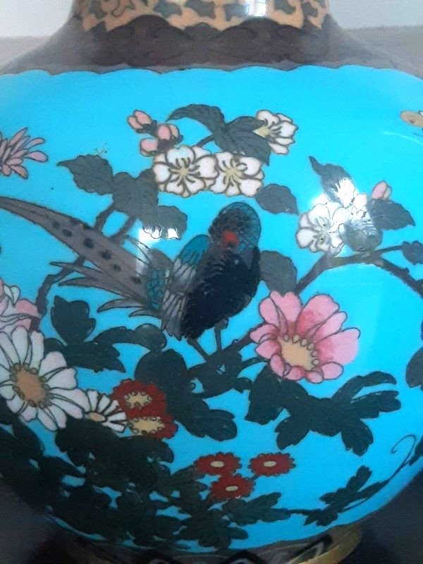 Superbe Paire De Vases En émaux Cloisonnés émail Argent Japon Epoque Meiji (1868-1912)-photo-3