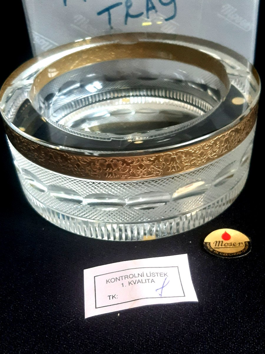 Moser Service Splendid Cut Table Ashtray In Cut Crystal And Gold Inlays New In The Box-photo-4