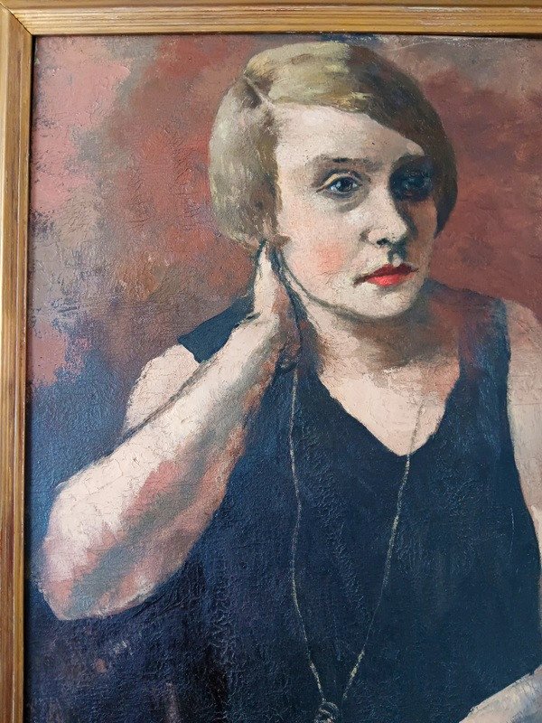 Roland Oudot (1906-1982) Portrait Of Young Woman With Long Necklace Garçonne Painting Art Deco Period 1930-photo-3