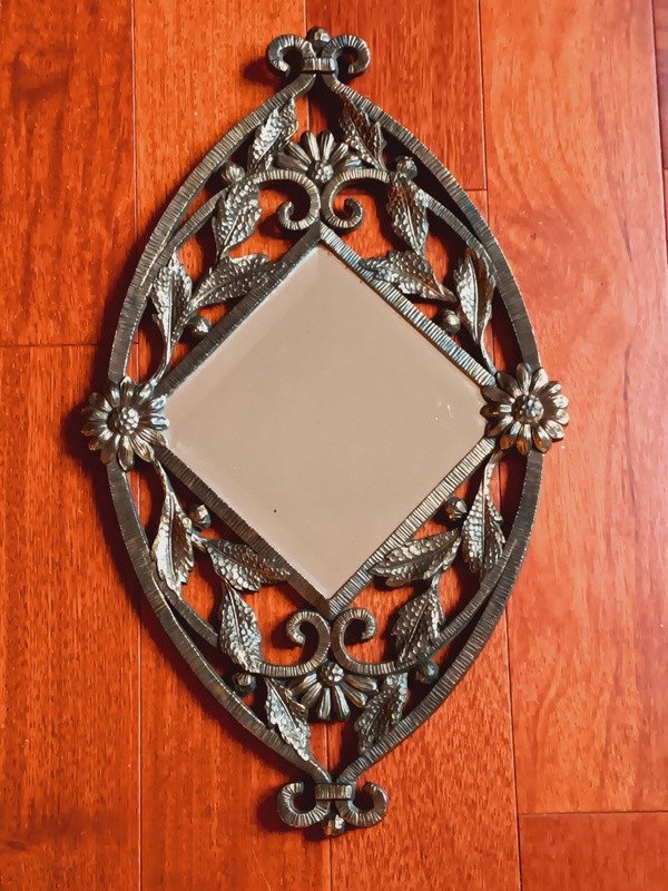 Art Deco Oval Ice Mirror With Floral Decor In Bronze Patinated Metal Circa 1930-photo-2