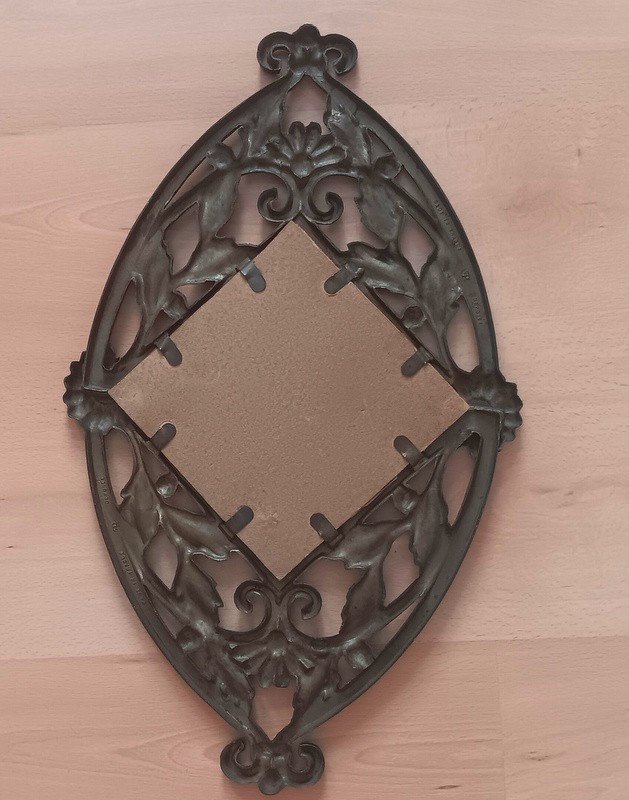 Art Deco Oval Ice Mirror With Floral Decor In Bronze Patinated Metal Circa 1930-photo-6