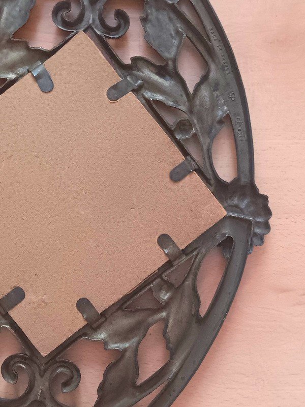 Art Deco Oval Ice Mirror With Floral Decor In Bronze Patinated Metal Circa 1930-photo-8